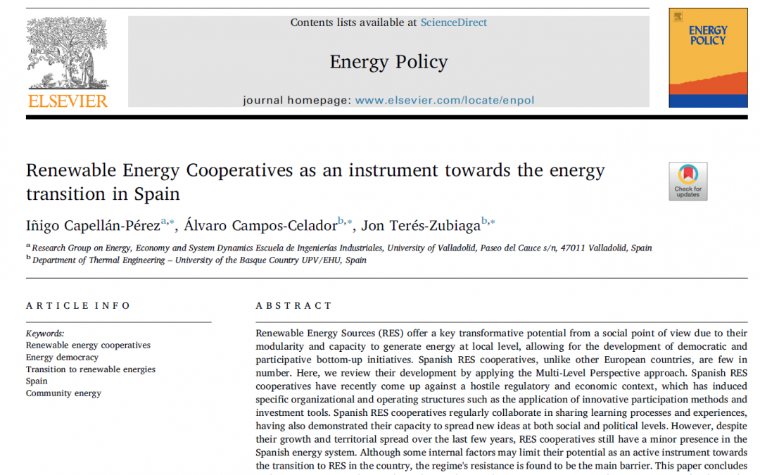Publicación artículo científico «Las cooperativas de energías renovables como un instrumento para la transición energética en España»