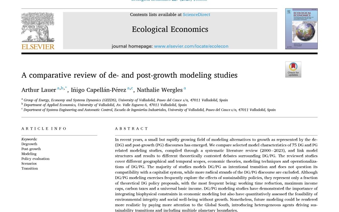 Revisión sistemática de estudios de modelado sobre Decrecimiento y Postcrecimiento publicado en Ecological Economics