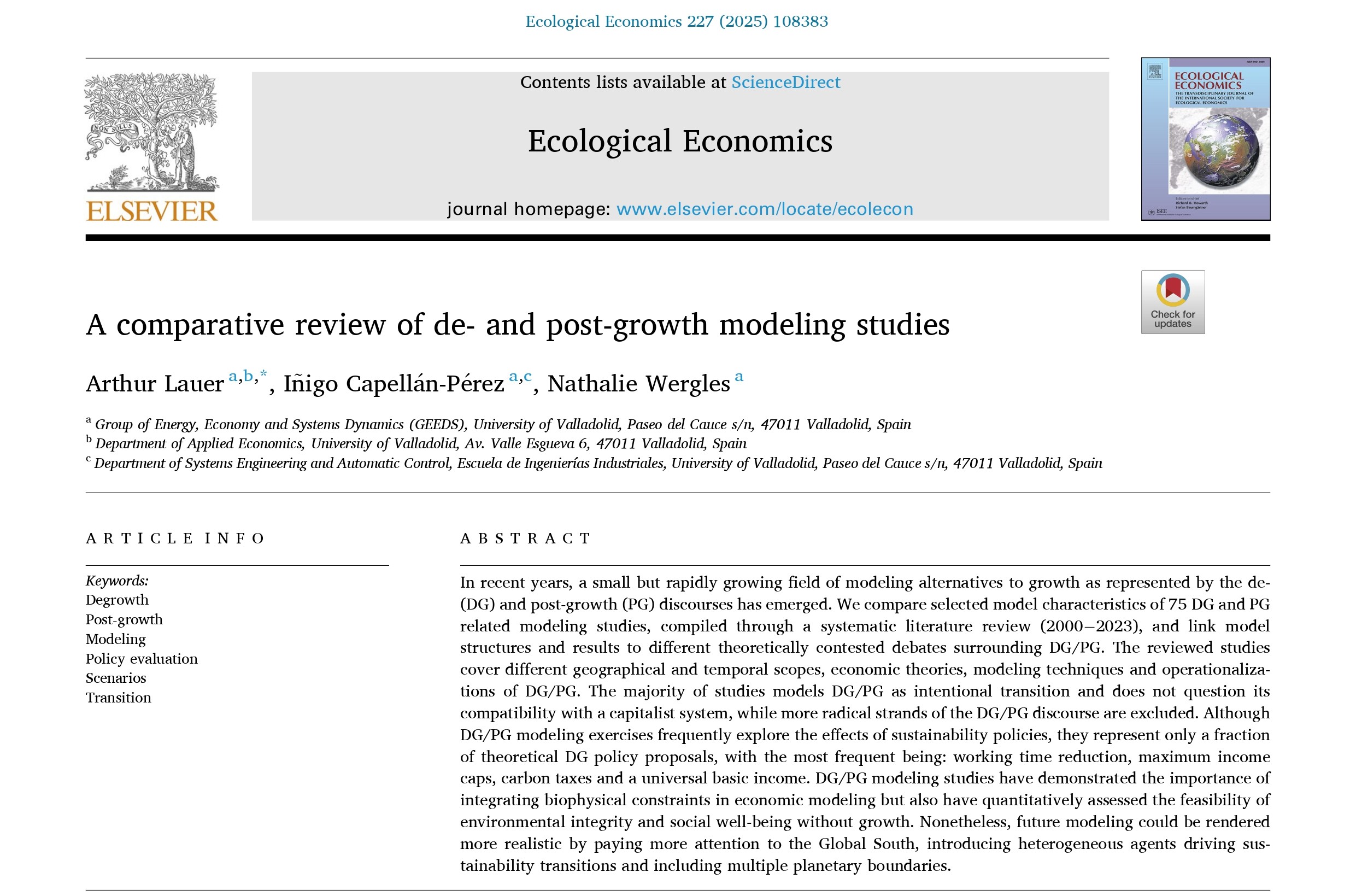 Modeling Studies Systematic literature review of De- and Post-growth related modeling ...